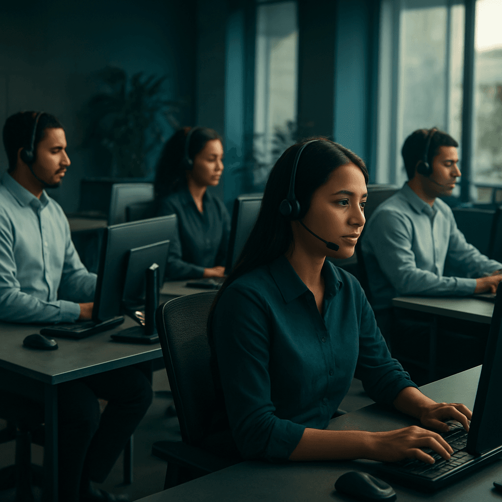 Bilingual customer service agents working at a modern call center in Mexico
